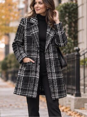 Plaid Bouclé Longline Coat Size S Black White